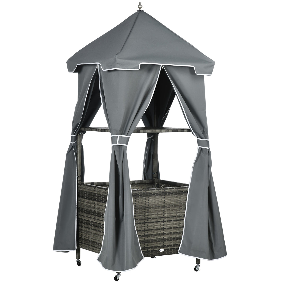 Outdoor Towel Valet Caddy, Covered Poolside Towel Holder Rack, Shelf, Basket, Rolling PE Rattan Wicker Storage on Wheels, Gray