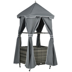 Outdoor Towel Valet Caddy, Covered Poolside Towel Holder Rack, Shelf, Basket, Rolling PE Rattan Wicker Storage on Wheels, Gray