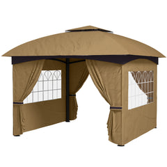 11' x 11' Outdoor Gazebo, Double Roof Patio Gazebo with Curtains, Church Windows, Galvanized Steel Frame, Beige