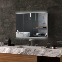 Bathroom Mirror Cabinet with Light, Bathroom Storage Cupboard with USB Charge, Adjustable Shelf, 35.5"W x 25.5"H, White