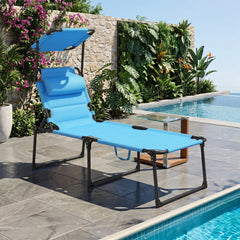 Outdoor Lounge Chair, 4 Position Adjustable Backrest, Folding, Cushioned w/ Sun Shade Roof & Pillow, Blue
