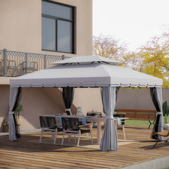 10' x 13' Patio Gazebo, Aluminum Frame Double Roof Outdoor Gazebo Canopy Shelter with Netting & Curtains, Light Gray