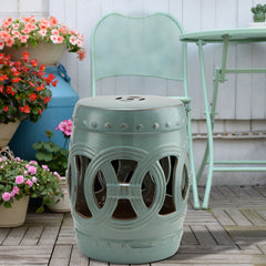 14" x 17" Ceramic Garden Stool with Double-Coin Knotted Ring Design & Strong Glazed Material, Decorative Outdoor Stool, Home Collection, Antique Blue