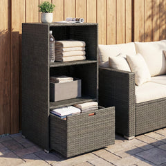 Valet Pool Towel Rack, Water-Resistant PE Plastic Rattan Wicker Storage Organizer, 2 Shelves, 1 Basket Drawer, Dark Gray
