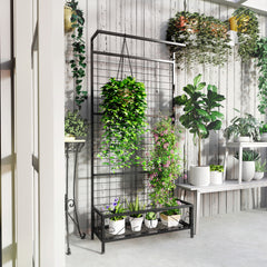 Metal Tall Plant Stand with Trellis and Hanging Bar, Plant Holder for Indoor Outdoor Use, 35" x 12.8" x 74", Black