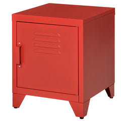 Industrial End Table, Living Room Side Table with Locker-Style Door and Adjustable Shelf, Red