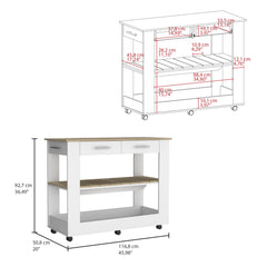 Astyanax Kitchen Island 46, Six Casters, Two Drawers, Lower Open Shelf -White / Light Oak