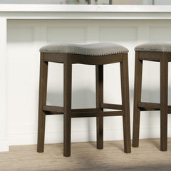Story Saddle Distressed Espresso Wood Bar-Height Barstool with Smoke Gray Fabric, 1PC