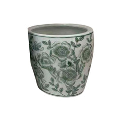 Epic Accent Planter Pot Set of 4, Green Floral Pattern, White Ceramic