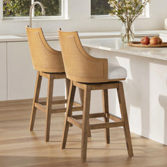 Pandora 30" Cane Rattan High-Back Swivel Bar Stool with Recessed Arms, Two-Tone Neutral Gray Polyester Wool Blend