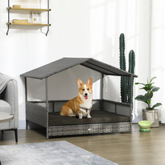 Outdoor Dog Bed with Canopy, Rattan Dog Bed with Soft Cushion Removable Cover for Medium and Large Dogs, Charcoal Gray