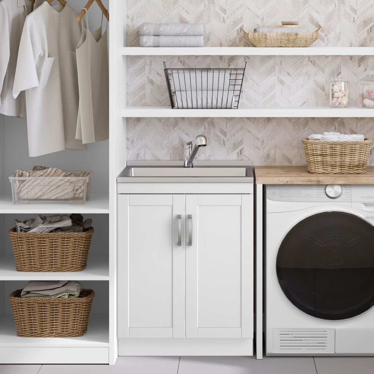 Poem - 28" Laundry Cabinet with Faucet and Stainless Steel Sink - White