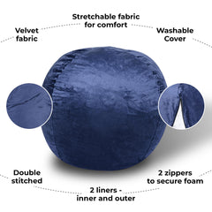Sanctuary Velvet Bean Bag Chair, Navy-5ft Plush Floor Chair for Kids and Adults w/ Washable Cover, Lounge Chair with Stretchable Fabric, Comfy Bedroom Chair, Filled with Shredded and Memory Foam.