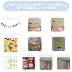 Agamemnon Metal Junior House Twin Loft Bed with Slide and Curtain Set, Super Hero Color Gold and Red
