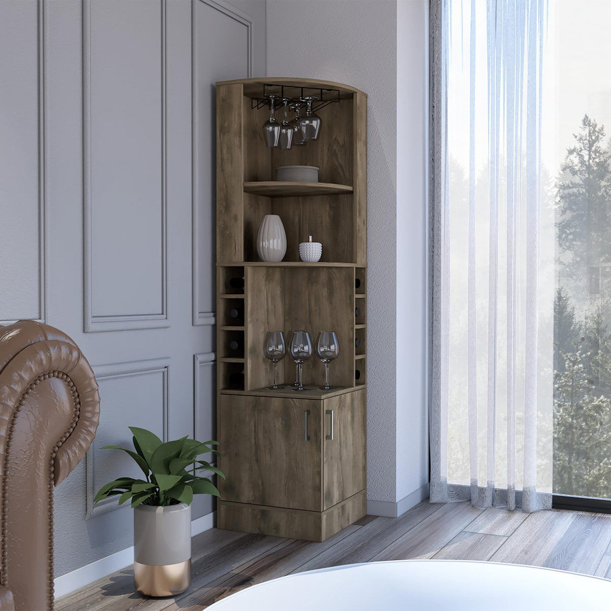 Story Corner Bar Cabinet, Eight Bottle Cubbies, Double Door, Two Open Shelves -Dark Brown