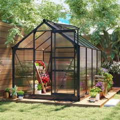 Polycarbonate Greenhouse, Heavy Duty Outdoor Aluminum Walk-in Green House Kit Vent Door, 6.2'x8.3'x6.6' Gray