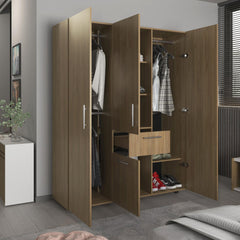 Planet 70" High Four-Door, One Drawer Armoire With Three Hanging Rods, Seven Shelves Bedroom, Wardrobe, Closet Natural Oak