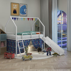 Agamemnon Metal Junior House Twin Loft Bed with Slide and Curtain Set and Pennant Banner Flag and Star Stickers, White with Blue