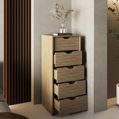 Utopia Tall Narrow Dresser, Pull Out System, Five Drawers, Natural Oak