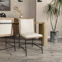 Contemporary Style 2pc Side Chair Upholstered Seat And Back Metal Leg Oak And Beige Finish Dining Finish