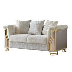 Epimetheus Two-Tone Wood Upholstery Loveseat with Modern Flawless Design, Stainless Steel Gold Accents, and Cream Finish