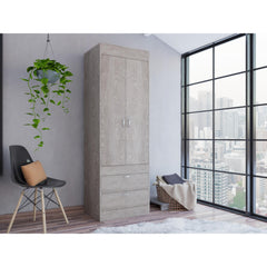 Armoire, Double Door Cabinet, Two Drawers, Metal Handles, Rod, Light Gray