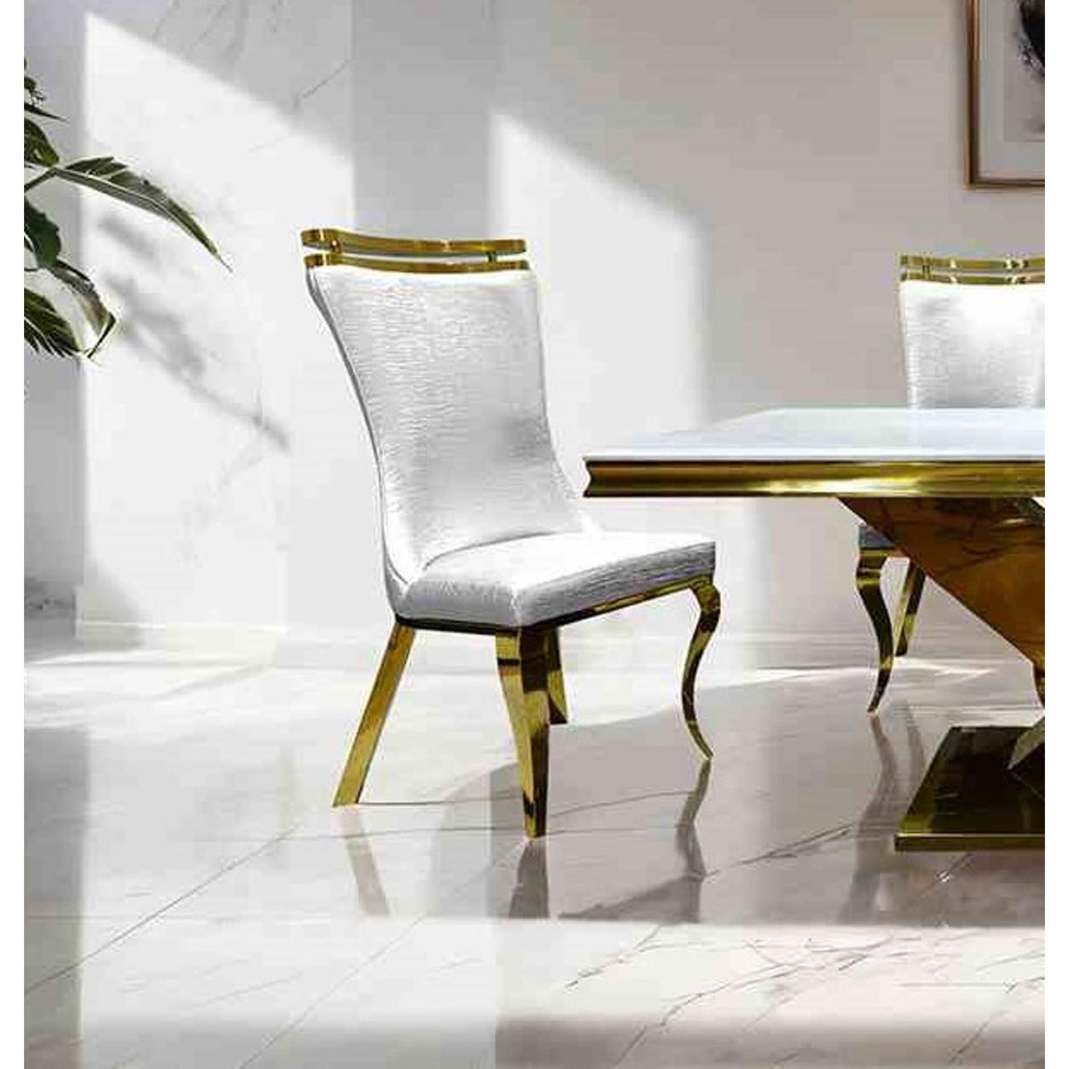 White Finish 2pc Side Chair Gold Legs Tiger Printed Upholstered Seat Dining Room