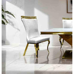 White Finish 2pc Side Chair Gold Legs Tiger Printed Upholstered Seat Dining Room
