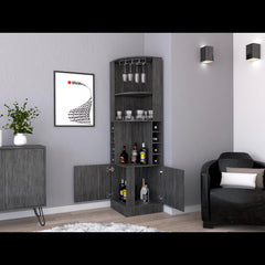 Asteroid bar cabinet 71" H , with two shelves at the top, 1 glass holder, 8 exterior bottle racks, 1 central shelf and a lower drawer with 2 side doors, Smoke oak