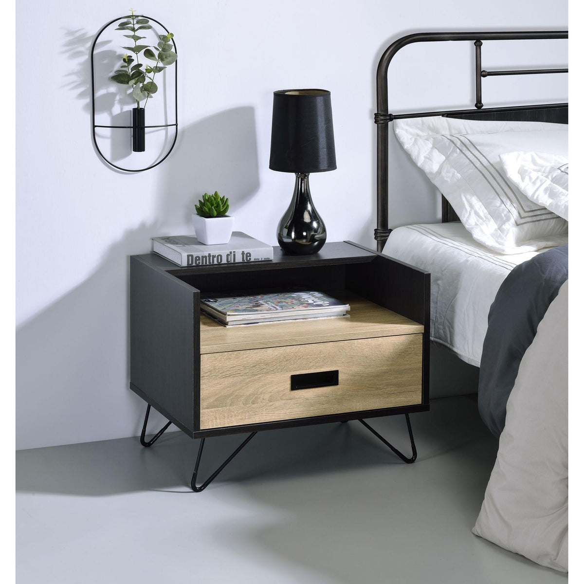 Archive Oak & Black Finish Accent Table with Display & Utility Function