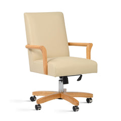 Rhea Modern Farmhouse High Back Executive Home Office Chair, Neutral Cream Beige Leather & Natural Wood
