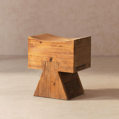 Menelaus Reclaimed Wood Sculptural Stool Ottoman, Honey Aged Brown Reclaimed Pine Wood