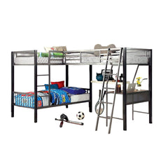 Modern Triple Twin L-shaped Bunk Bed Contemporary Style Corner Design With Workstation Full Metal Construction Silver Grey And Black Silver Finish
