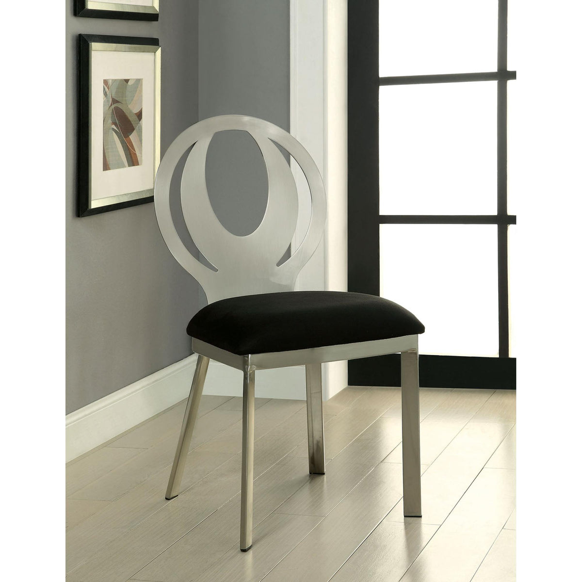 Contemporary Style Silver Metal Frame 2pc Dining Chairs Black Microfiber Seat Cushion Dining Room Oval Back Design Chair