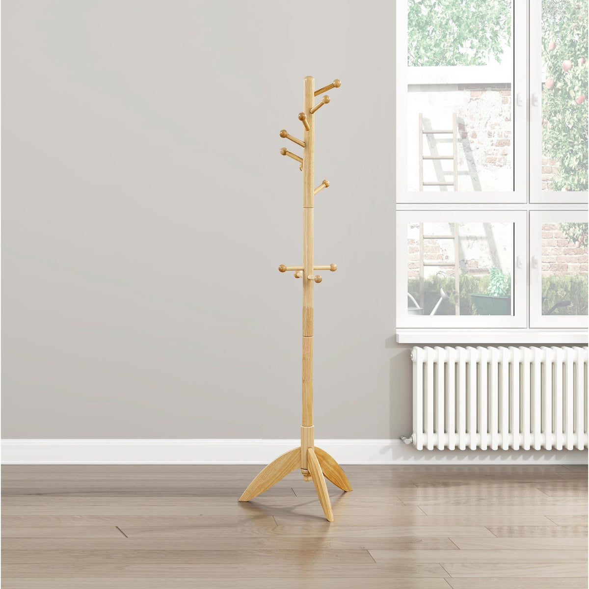 Natural Finish Coat Rack Solid Wood, 11 Hooks Coat Hanger Stand Entryway Home Furniture 1pc