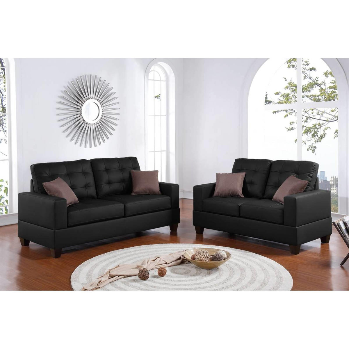 Living Room Furniture 2pc Sofa Set Black Faux Leather Tufted Sofa Loveseat w Pillows Cushion Couch