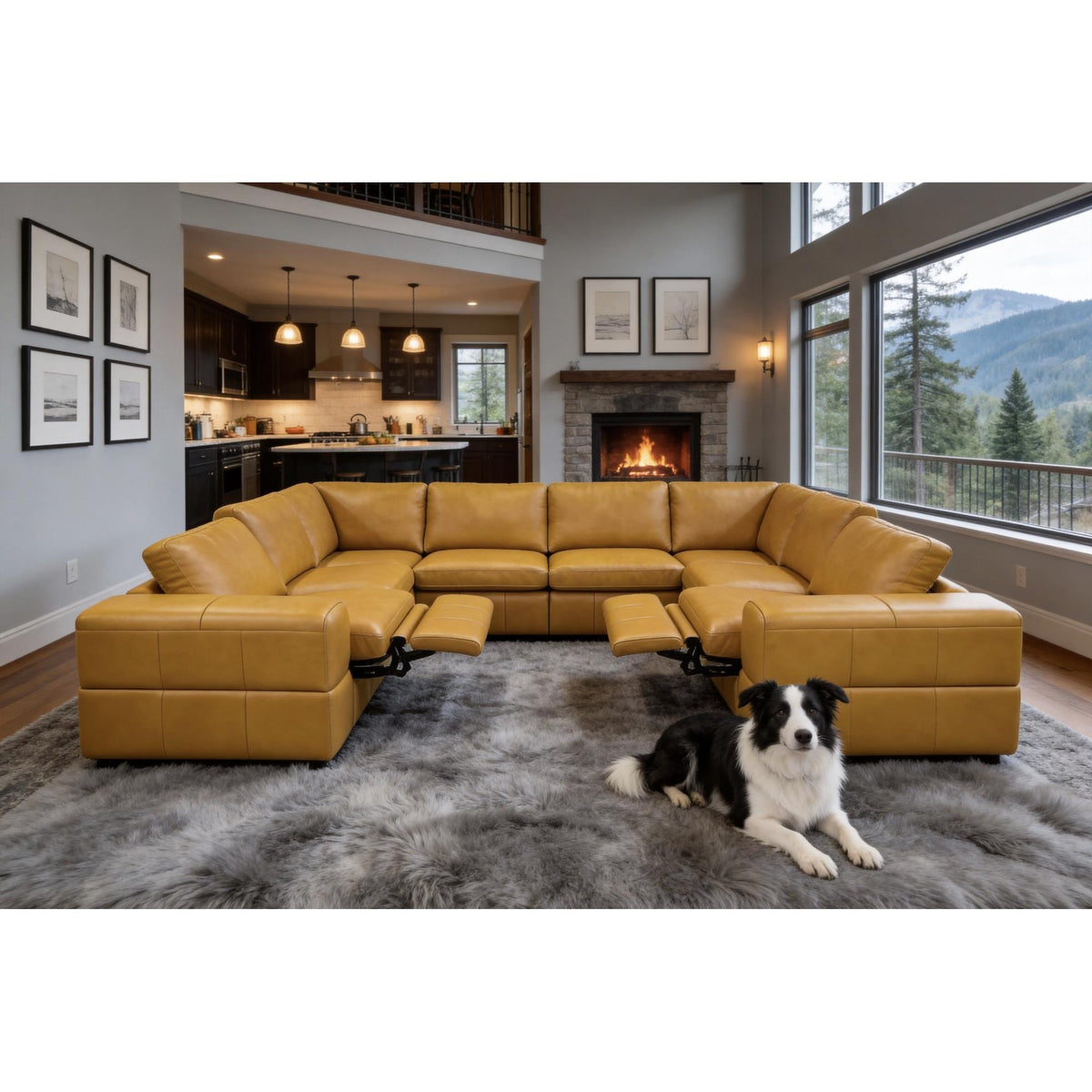Premium Leather Match Upholstered Large Arms Sectional with Two Recliner Seats