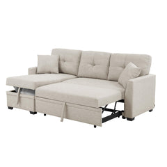 76.5" Linen Blend Upholstered Sectional with Pull-Out Bed and Chaise Storage