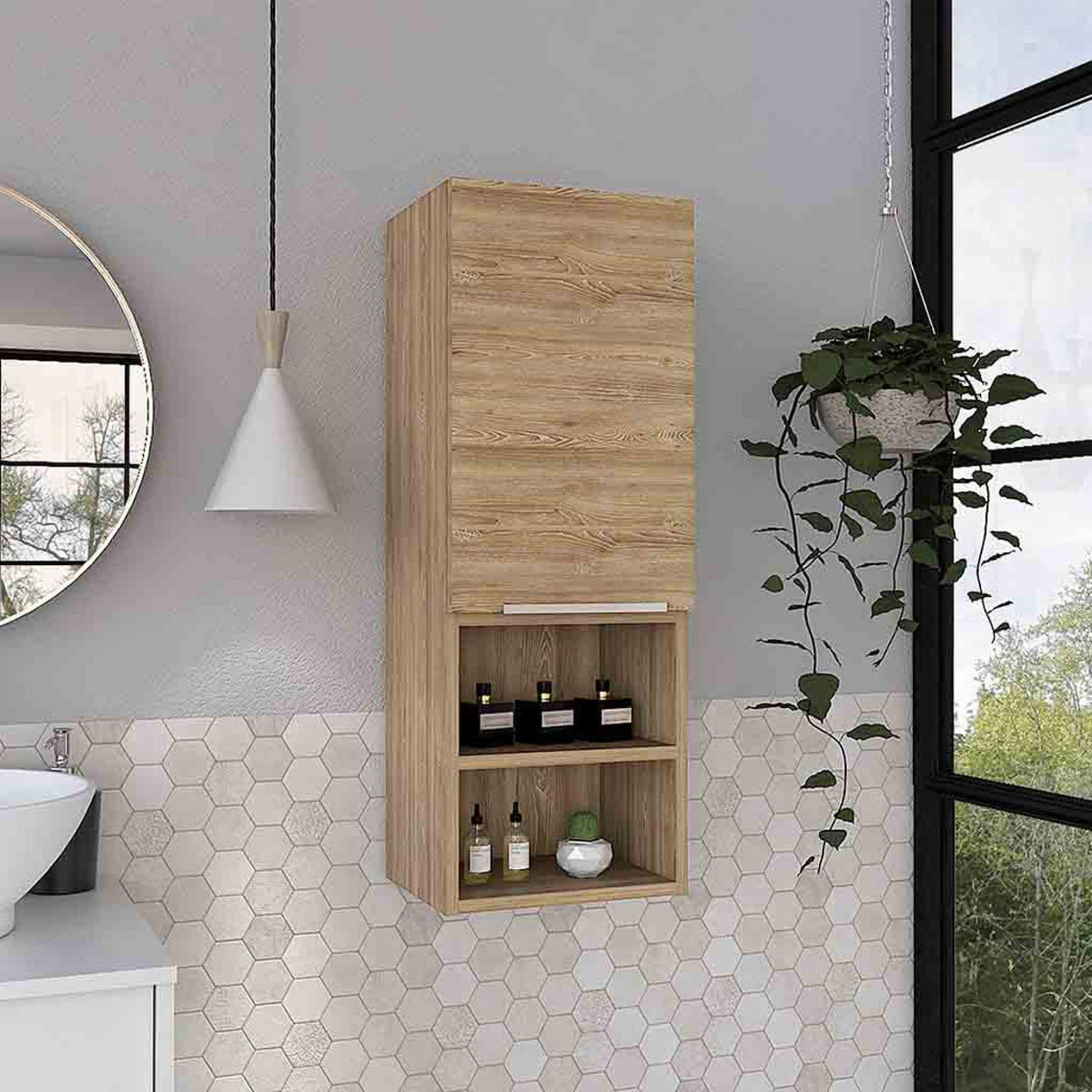 Display Single Door Cabinet 32" H, Two Interior Shelves, Two External Shelves, Light Oak