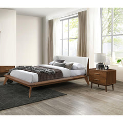 Gorgeous Walnut 3pc Bedroom Set King Size Bed 2x Nightstands Beige Upholstered Fabric Winged Edge Panel HB Mid-Century Modern Style