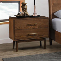 Fable 1pc Nightstand Solid wood Bedside Table Nickle Bar Pulls 2-Drawers Round Tapered Legs Bedroom Modern Style