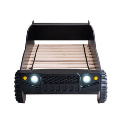Modern Novelty Style Twin Bed Speed Jeep Design High Gloss Finish LED Night Lights On Headlights Metal Structure Black Finish