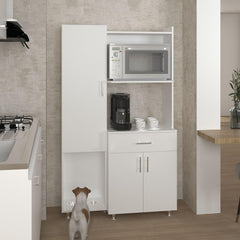Theseus Kitchen Pantry and Microwave Cabinet with 3 Side Storage Shelves, Built-In Pet Station, One Drawer, One Small Cabinet and, One Open Shelf