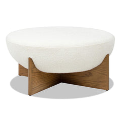 Vista 37" Round Upholstered Cocktail Ottoman with Natural Wood Base, Ivory White Boucle