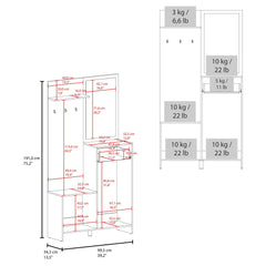 Eden 75" Tall Mirrored Tree Hall with Hangers, Three Shelves, Two Cabinets, One Drawer, Entry way, Console Table, Living Room Light Oak