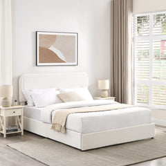 Quasar Patented 2-Drawers Storage Bed Queen Size Ivory Boucle Upholstered Platform Bed, Curved Stitched Tufted Headboard, Wooden Slat Mattress Support, No Box Spring Needed
