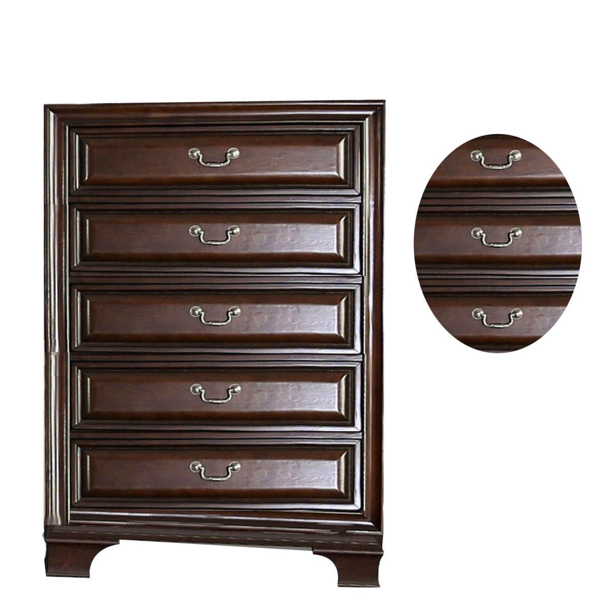 53 Inch Modern Tall Dresser Chest, Wood, 5 Drawers, Molded, Cherry