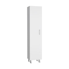 Storage Cabinet 71" H, Four Internal Shelves, Three Broom Hangers, White