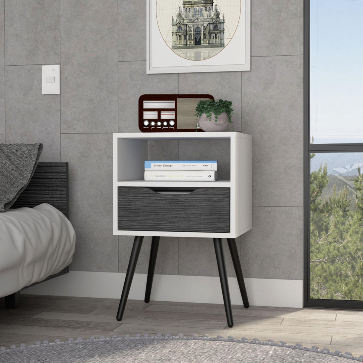 Story Nightstand , Superior Top, One Open Shelf, One Drawer, Four Legs -Smokey Oak / White