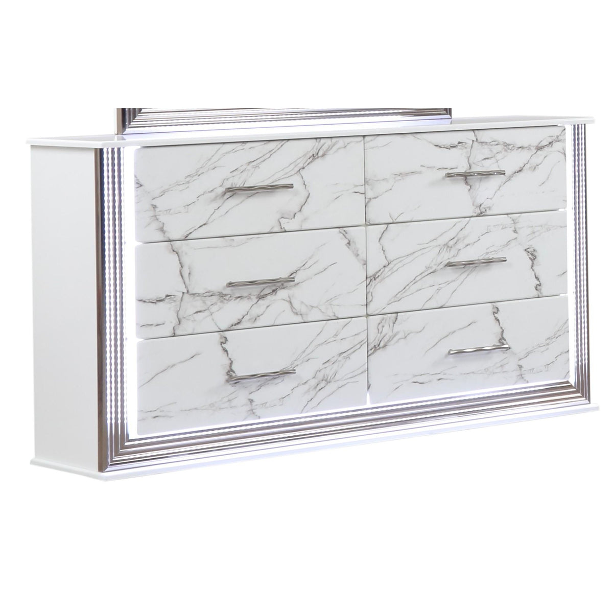 Diary Dresser Marble Patterned Drawer Fronts with Sleek White Finish, Metallic Handle and Six Spacious Drawers for Elegant Bedroom Storage (INCLUDES ONLY DRESSER)